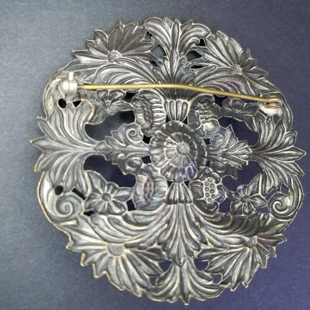 Vintage Large Floral Faux Pearl Brass Shield Brooch Pin